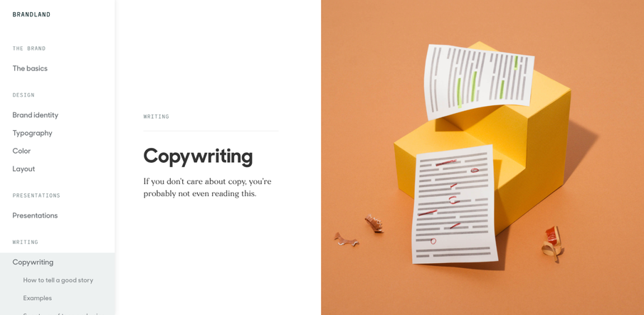 Zendesk’s “Brandland” brand style guide page about copywriting style
